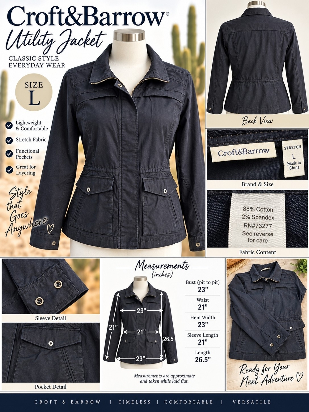 Croft & Barrow Women’s Stretch Utility Jacket – Size L